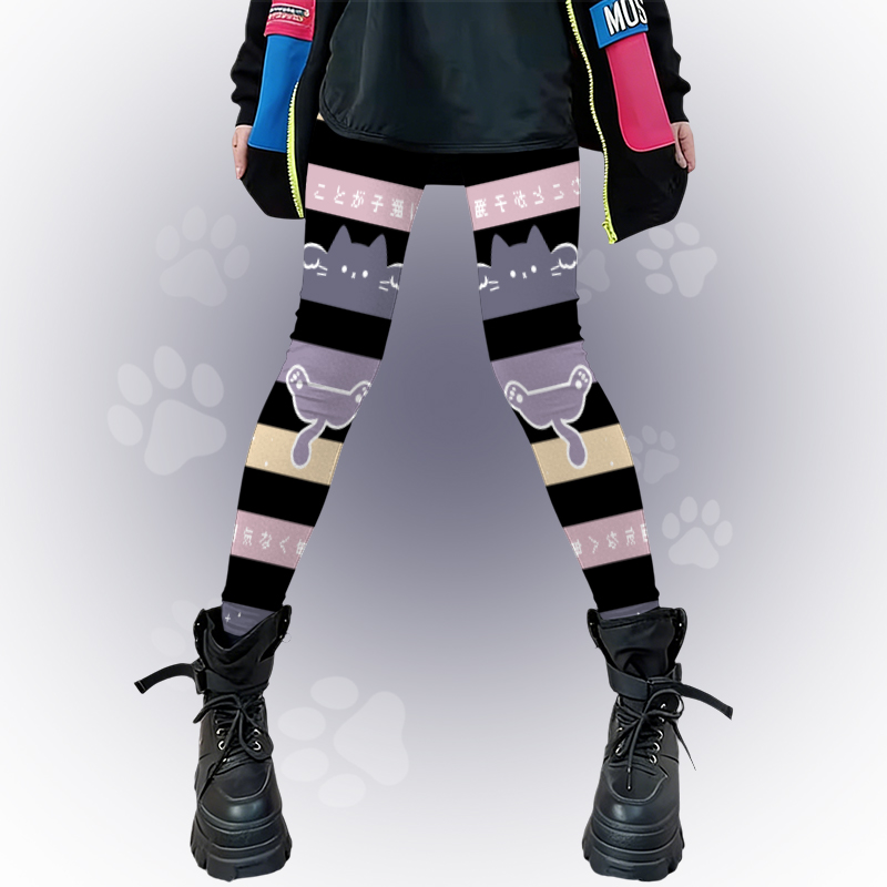 猫の足跡グラフィック入りModakawaカラーブロックストレッチレギンス - Black B - 4XL - image 2