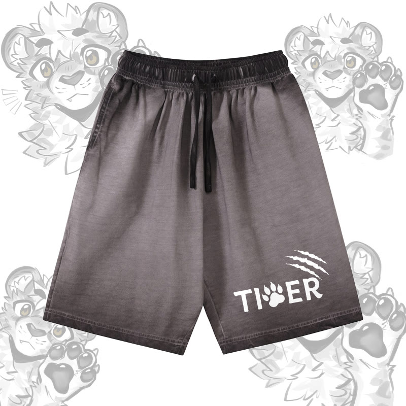 タイガーパウ グラフィックModakawa 100%綿ヴィンテージウォッシュ ダメージ加工 ショートパンツ - Grey - 5XL - image 2