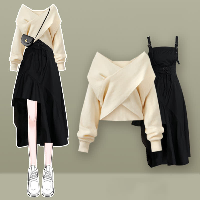 クロスニットセーター イレギュラーレースアップ スリップドレス マッチングアウトフィット - image 1