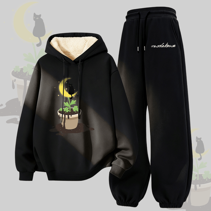 MODAKAWA 植物柄 黒猫 グラフィック 厚手 裏起毛 パーカー パンツ 2点セット - Black - 5XL - image 4