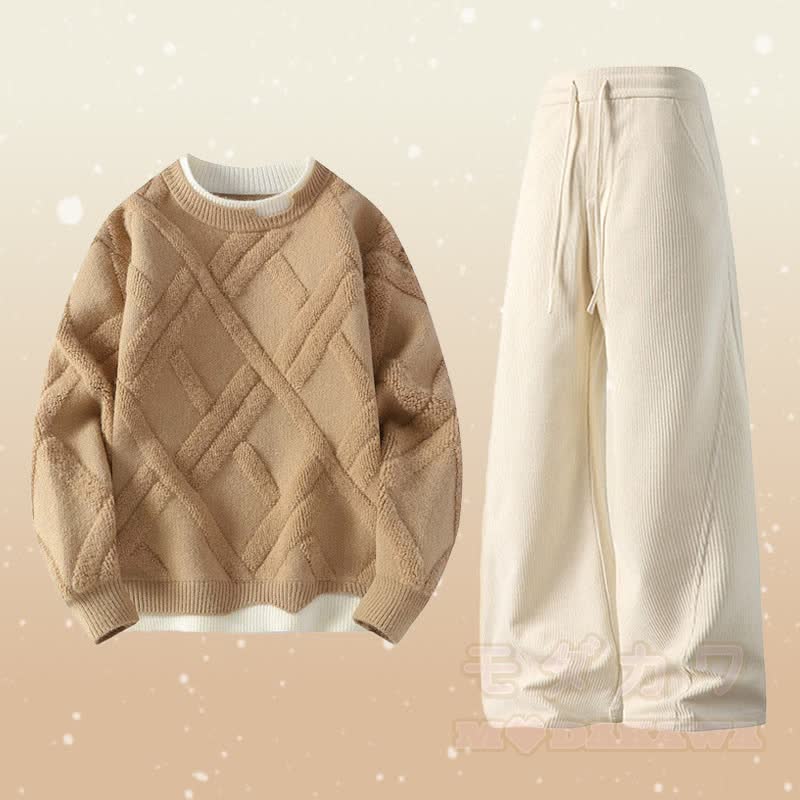 フェイクレイヤードニットセーター コーデュロイパンツ ツーピース - セットE - 4XL - image 5