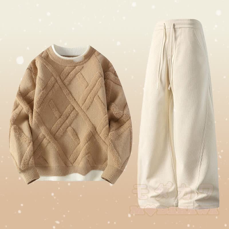 フェイクレイヤードニットセーター コーデュロイパンツ ツーピース - セットE - 4XL - image 5