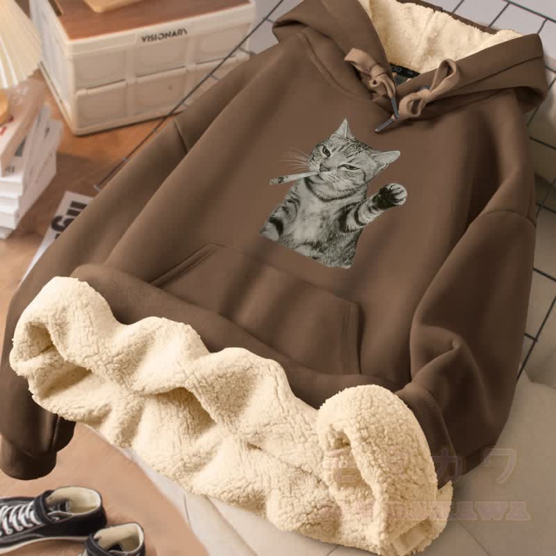 MODAKAWA スモーキングキャットグラフィック 厚手裏起毛冬パーカー - 茶色 - 2XL - image 3