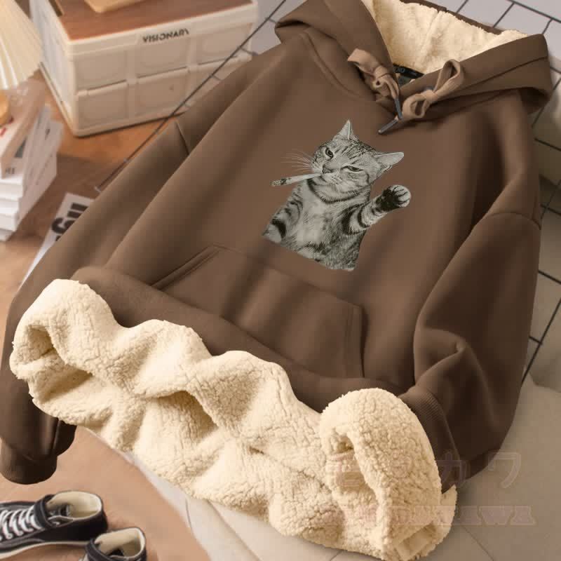 MODAKAWA スモーキングキャットグラフィック 厚手裏起毛冬パーカー - 茶色 - 2XL - image 3