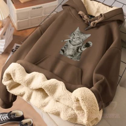 MODAKAWA スモーキングキャットグラフィック 厚手裏起毛冬パーカー - 茶色 - 2XL - image 3