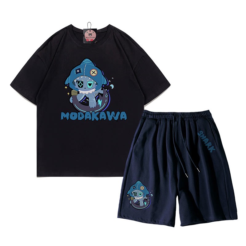 遊び心のあるサメのグラフィックがダークな美的Tシャツとショーツの2点セット - ブラック＆パープルブルー - あ - 5XL - image 13