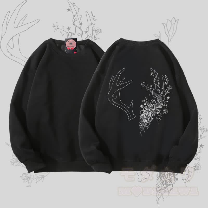 MODAKAWA フラワーアントラーグラフィック ユニセックス スウェットシャツ - 黒 - 5XL - image 4