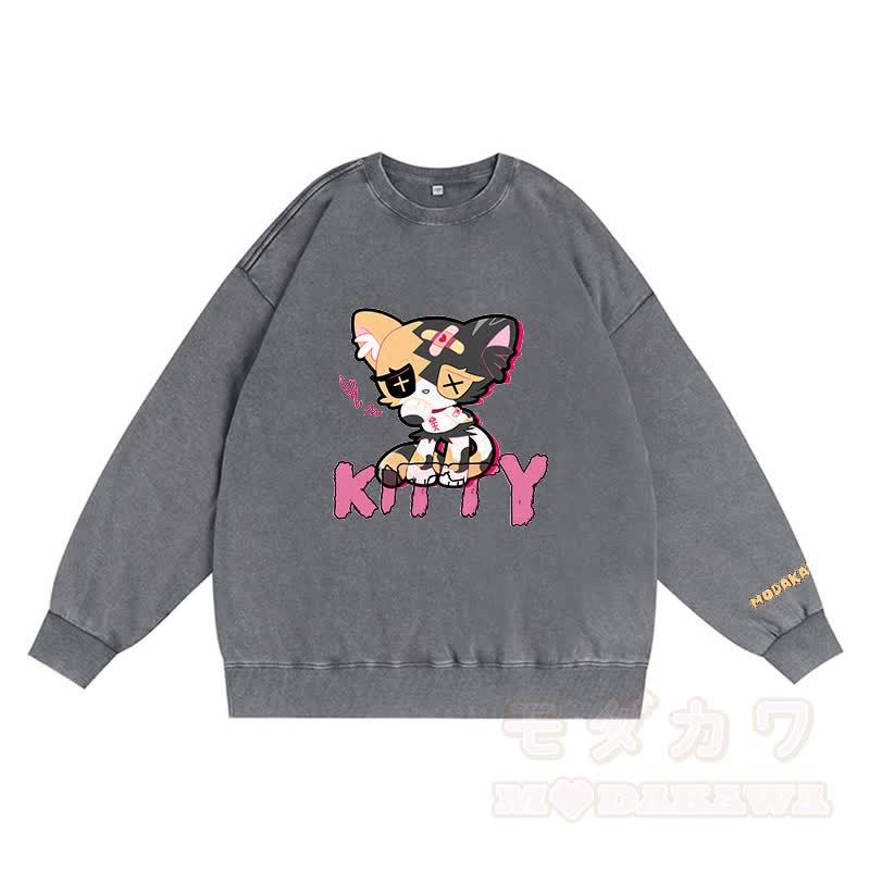 悲しいキティのグラフィック ダーク 美的 ユニセックス ヴィンテージ ウォッシュ スウェットシャツ - グレー - 3XL - image 4