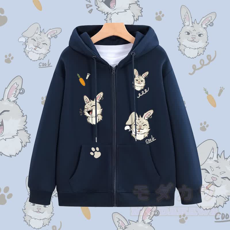 MODAKAWA キュートなバニーグラフィック ジップアップ パーカー スウェットシャツ - 紫がかった青 - 5XL - image 3