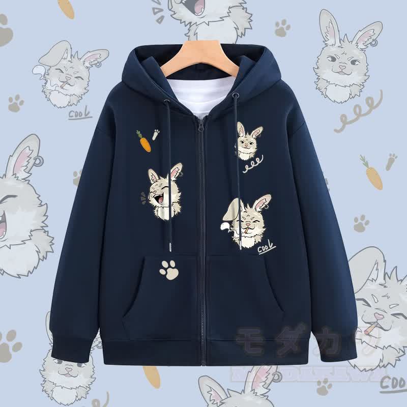 MODAKAWA キュートなバニーグラフィック ジップアップ パーカー スウェットシャツ - 紫がかった青 - 5XL - image 3