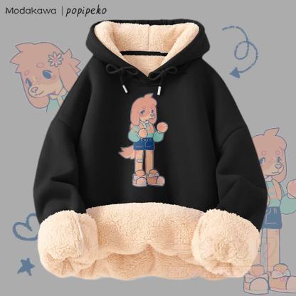 MODAKAWA X popipeko キュートな子犬のグラフィック 厚手裏起毛冬パーカー - 黒A - 2XL - image 5