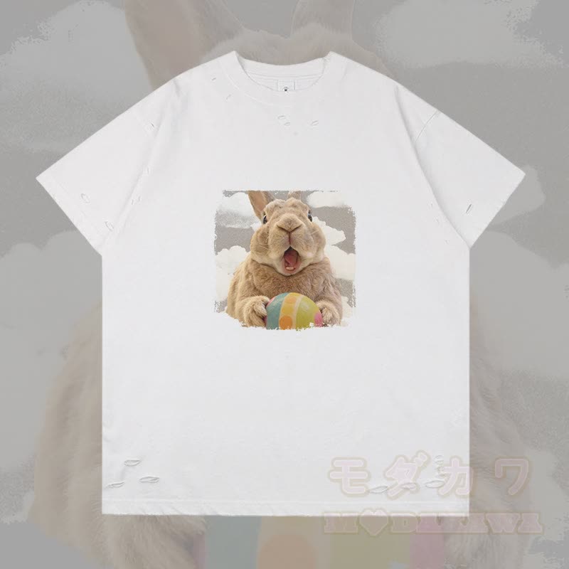 イースターエッグバニーグラフィックModakawaリップドTシャツ - 白 - 2XL - image 4