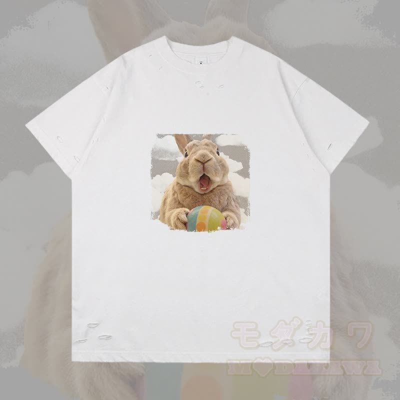 イースターエッグバニーグラフィックModakawaリップドTシャツ - 白 - 2XL - image 4