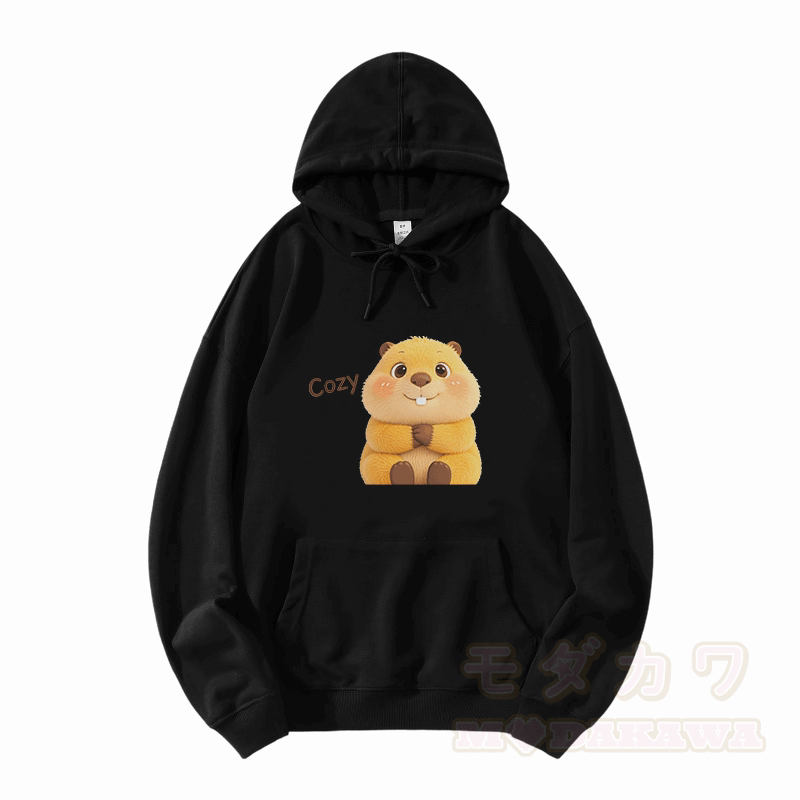 COZY カピバラ グラフィックModakawaルーズ コットンブレンド フーディー - 黒 - 5XL - image 3