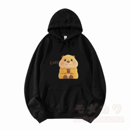COZY カピバラ グラフィックModakawaルーズ コットンブレンド フーディー - 黒 - 5XL - image 3