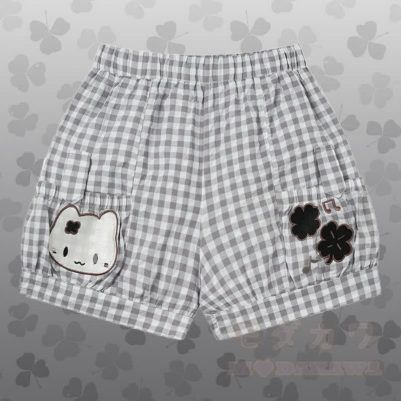 水玉模様の猫柄トップスとギンガムチェック柄ショートパンツ、Modakawaのセットアップ - グレーのショートパンツ - L - image 9