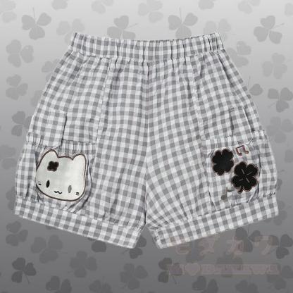 水玉模様の猫柄トップスとギンガムチェック柄ショートパンツ、Modakawaのセットアップ - グレーのショートパンツ - L - image 9