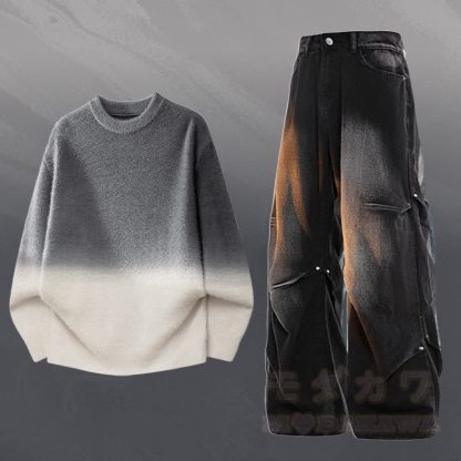 グラデーションニットセーター デニムパンツ ツーピース - セットD - 3XL - image 4