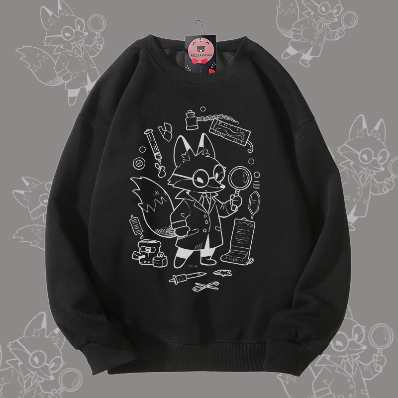 MODAKAWA Fox Doing Research グラフィック ユニセックス スウェットシャツ - Black - 5XL - image 3