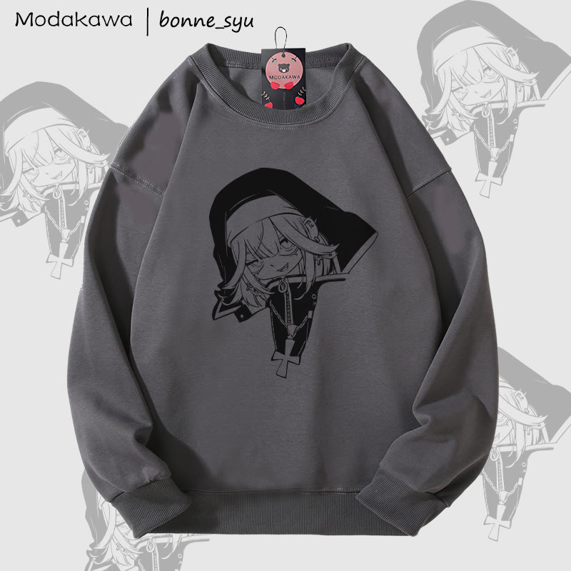 MODAKAWA X bonne_syu ゴシック ヌン グラフィック ユニセックス スウェットシャツ - Dark Grey - 5XL - image 4