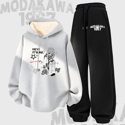 MODAKAWA HEY! IT'S ME ガールグラフィック 厚手裏起毛 パーカー パンツ 2点セット - Grey&Black - 5XL - image 2