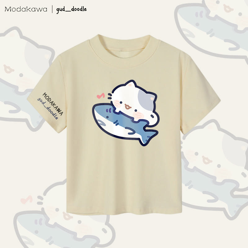MODAKAWA X gud_doodleキャットシャークグラフィック レディース クロップドTシャツ 92% コーマ綿クロップトップ - Apricot - XL - image 3