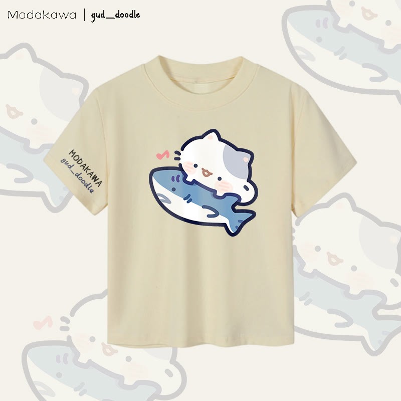 MODAKAWA X gud_doodleキャットシャークグラフィック レディース クロップドTシャツ 92% コーマ綿クロップトップ - Apricot - XL - image 3