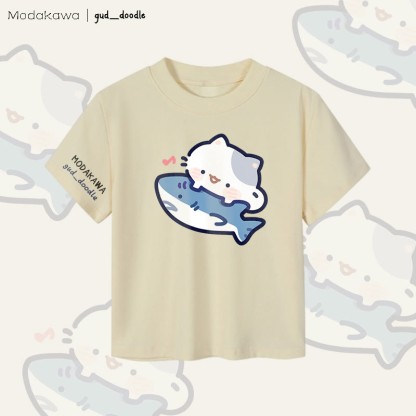 MODAKAWA X gud_doodleキャットシャークグラフィック レディース クロップドTシャツ 92% コーマ綿クロップトップ - Apricot - XL - image 3