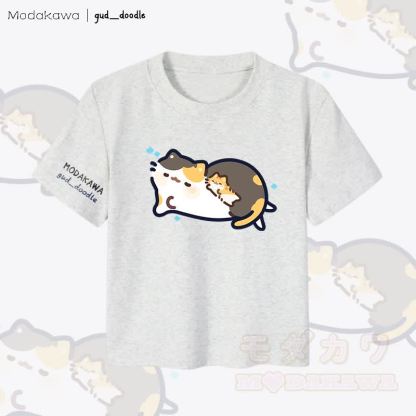 MODAKAWA x gud_doodleスリーピングキティ グラフィック レディース クロップドTシャツ 92% コーマ綿クロップトップ - グレー - XL - image 3