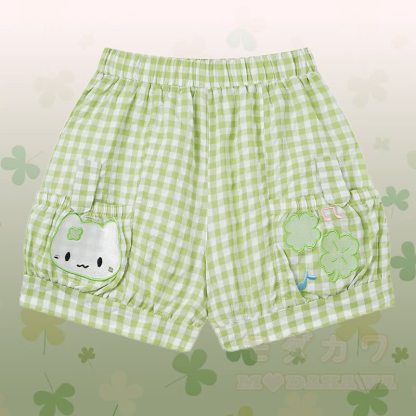 フロックキャットグラフィックラグランTシャツ、キティギンガムショーツ、Modakawaお揃いコーデ - グリーンショーツ - L - image 9