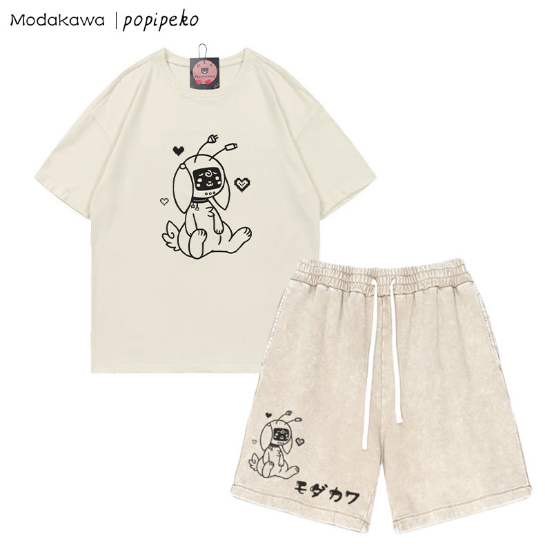 ロボットバニー グラフィックTシャツ ヴィンテージウォッシュドショーツ 2点セット - Beige - 3XL - image 5