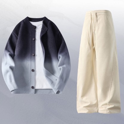 グラデーションニットカーディガンセーターコーデュロイパンツツーピース - Set C - 4XL - image 3