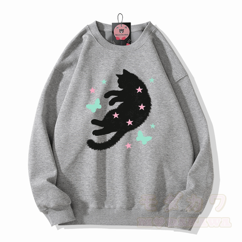 星と蝶と猫のグラフィック入りModakawaスウェットシャツ - グレー - 5XL - image 3