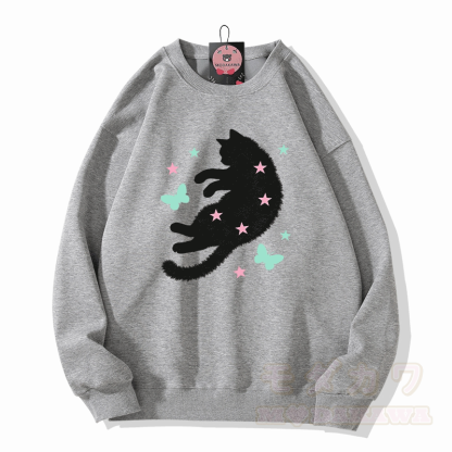 星と蝶と猫のグラフィック入りModakawaスウェットシャツ - グレー - 5XL - image 3