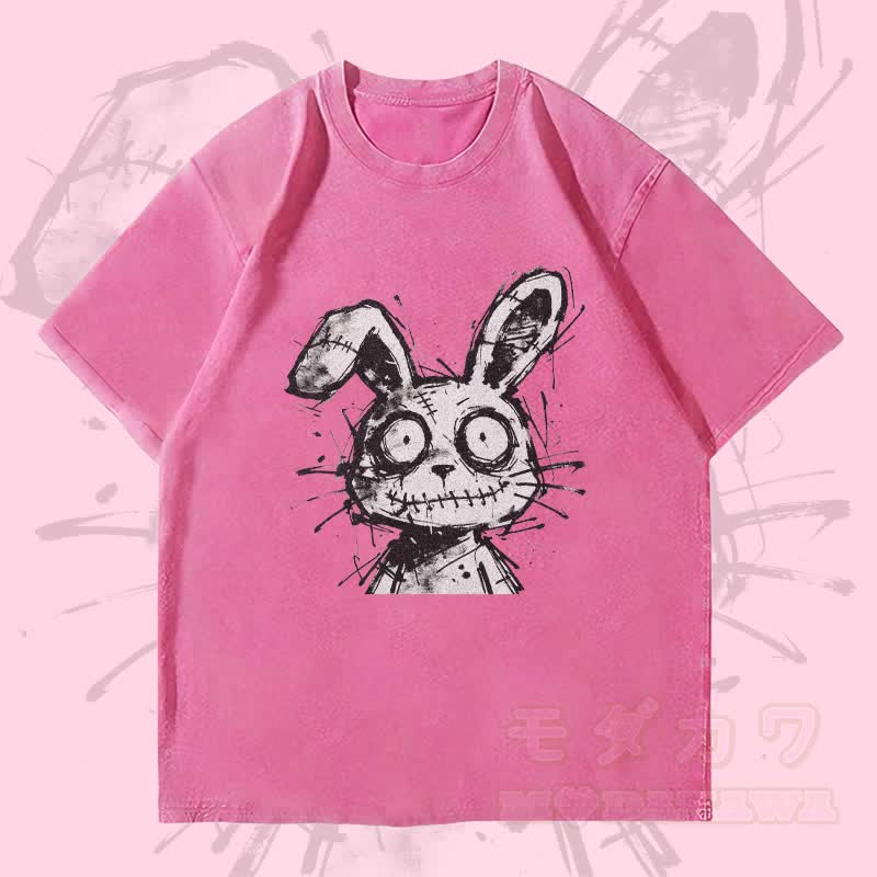 MODAKAWA ステッチ ラビット グラフィック ユニセックス ヴィンテージ ウォッシュド Tシャツ - ローズレッド - 4XL - image 3