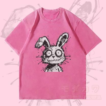 MODAKAWA ステッチ ラビット グラフィック ユニセックス ヴィンテージ ウォッシュド Tシャツ - ローズレッド - 4XL - image 3