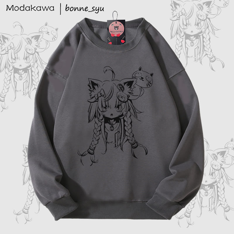 MODAKAWA X bonne_syu キャットガール グラフィック ユニセックス スウェットシャツ - Dark Grey - 5XL - image 4