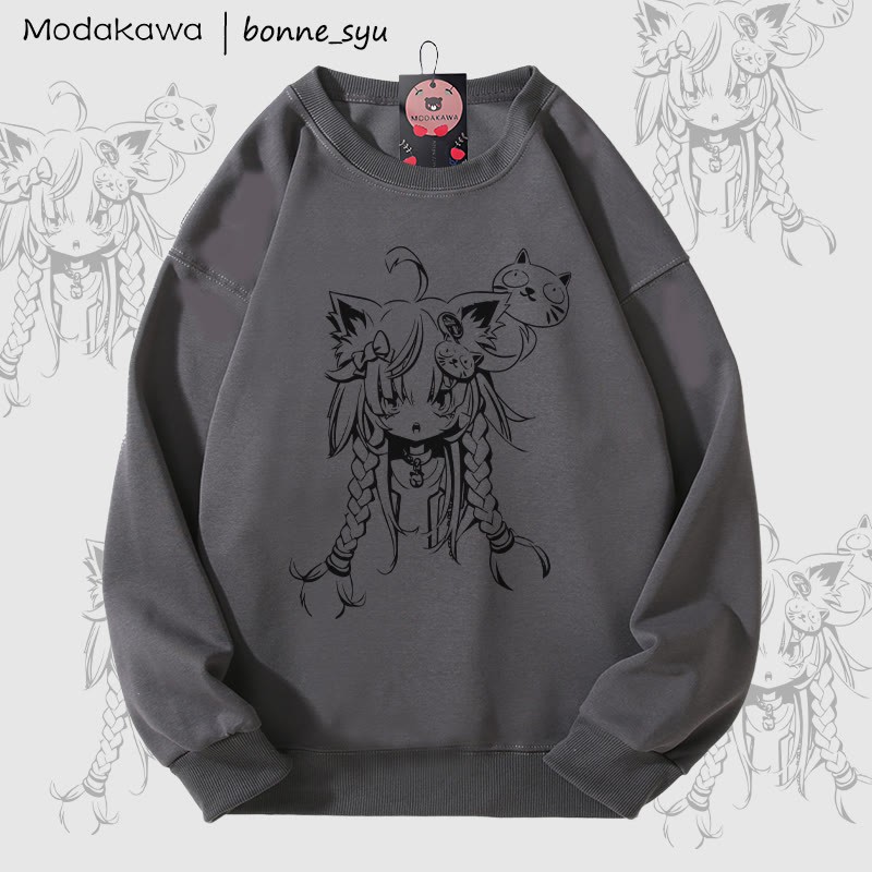 MODAKAWA X bonne_syu キャットガール グラフィック ユニセックス スウェットシャツ - Dark Grey - 5XL - image 4
