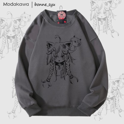 MODAKAWA X bonne_syu キャットガール グラフィック ユニセックス スウェットシャツ - Dark Grey - 5XL - image 4