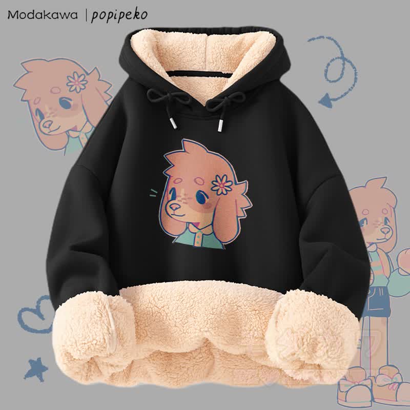 MODAKAWA X popipeko キュートな子犬のグラフィック 厚手裏起毛冬パーカー - ブラックB - 2XL - image 10