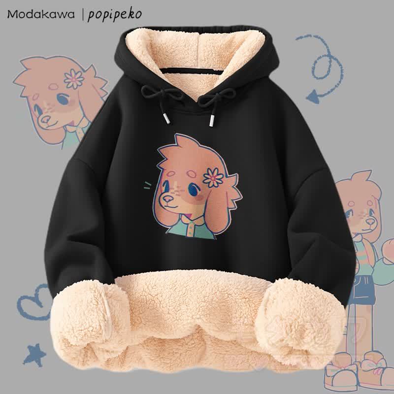 MODAKAWA X popipeko キュートな子犬のグラフィック 厚手裏起毛冬パーカー - ブラックB - 2XL - image 10