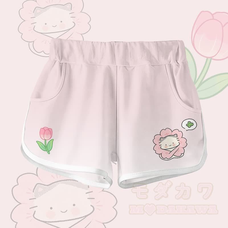 花柄猫グラフィック100%綿Tシャツ グラデーションショーツModakawaツーピースセット - 薄ピンクのショートパンツ - 5XL - image 4