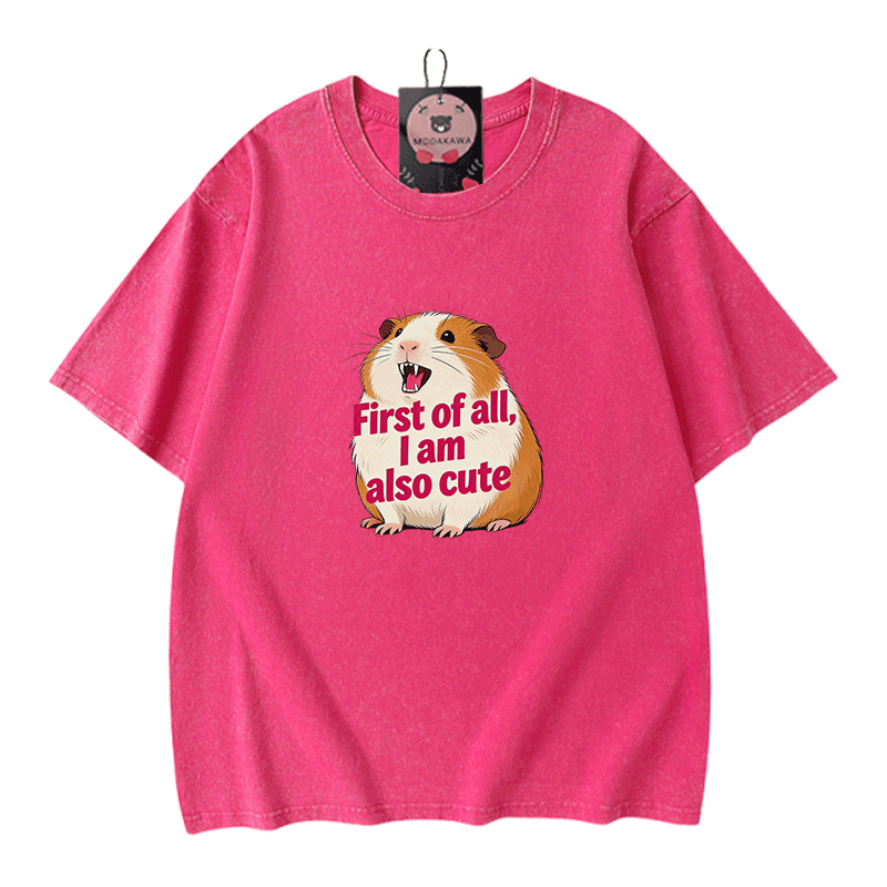 ハムスターペットグラフィックModakawaヴィンテージウォッシュ加工100%綿Tシャツ - Rose Red - 5XL - image 5