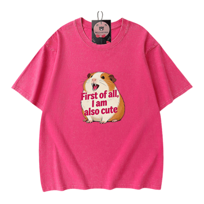 ハムスターペットグラフィックModakawaヴィンテージウォッシュ加工100%綿Tシャツ - Rose Red - 5XL - image 5