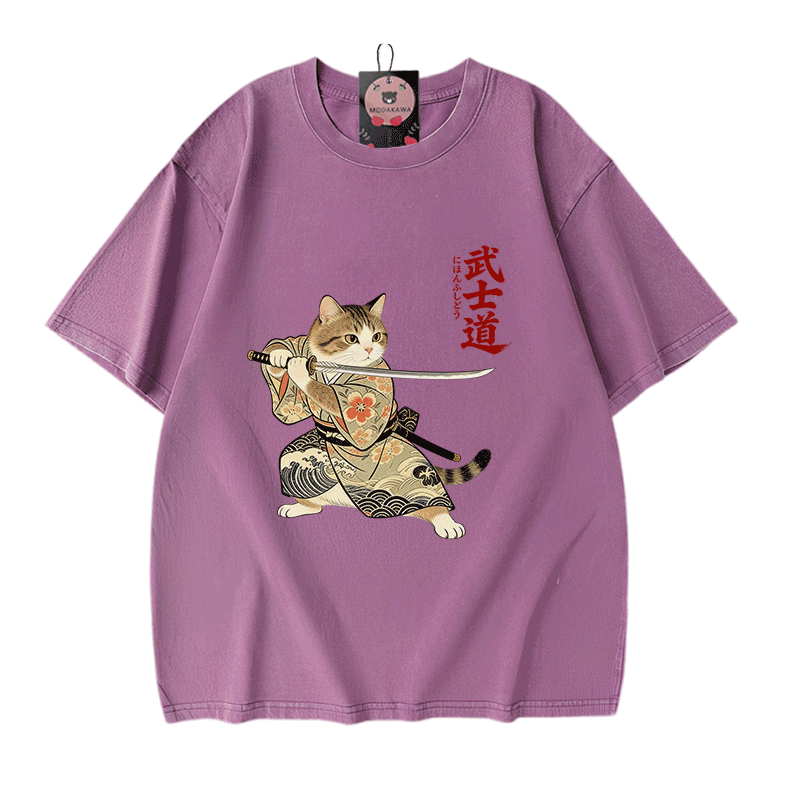 サムライキャットグラフィックModakawaヴィンテージ綿加工 綿100% Tシャツ - Purple - 5XL - image 6