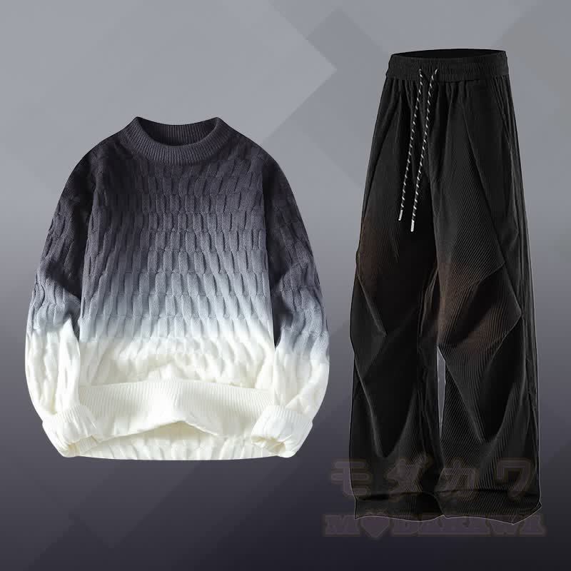 グラデーションニットテクスチャードセーターコーデュロイパンツツーピース - セットE - 3XL - image 5