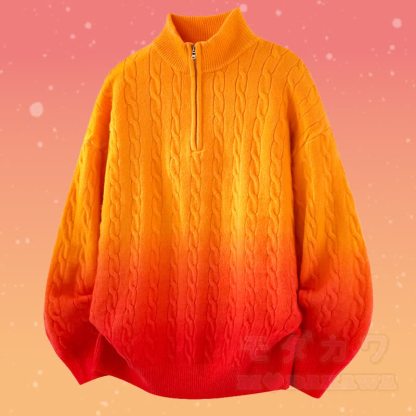 グラデーションニットハーフジップセーターコーデュロイパンツツーピース - オレンジのセーター - 3XL - image 7