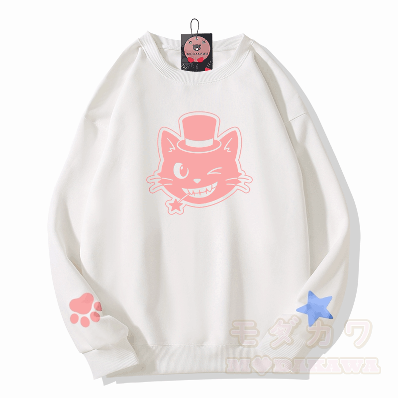 猫の帽子グラフィック入りModakawaスウェットシャツ - 白 - 5XL - image 3