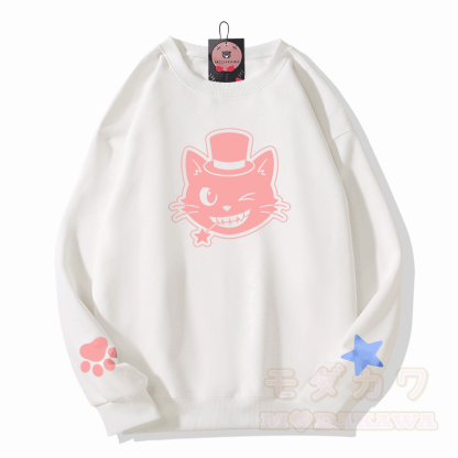 猫の帽子グラフィック入りModakawaスウェットシャツ - 白 - 5XL - image 3