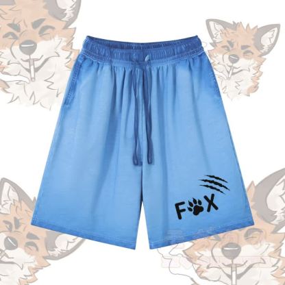 FOX Paw グラフィックModakawa 100%綿グラデーション ヴィンテージウォッシュ加工 ダメージ加工 ショートパンツ - 青 - 5XL - image 3
